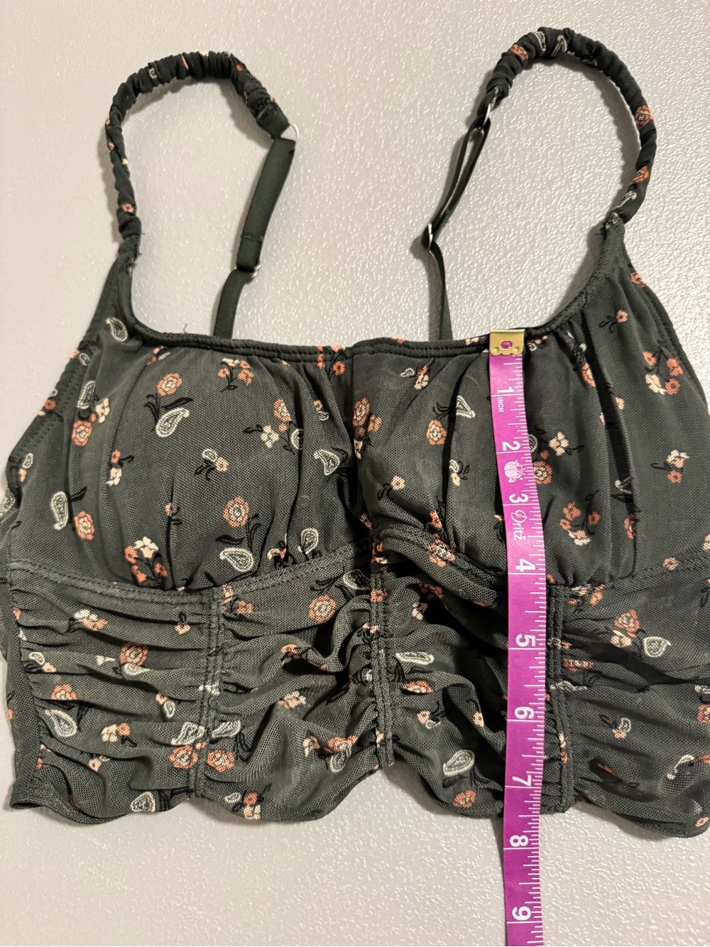 aerie Dark Green Floral Paisley Ruched Crop Tank Bralette XS - Picture 4 of 8